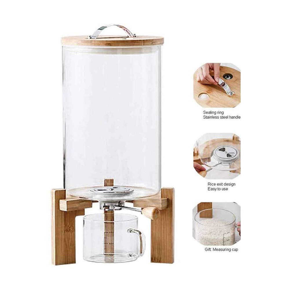 Dispenser per alimenti secchi con contenitori ermetici per cereali, riso, noci e fagioli, con coperchio e supporto in legno