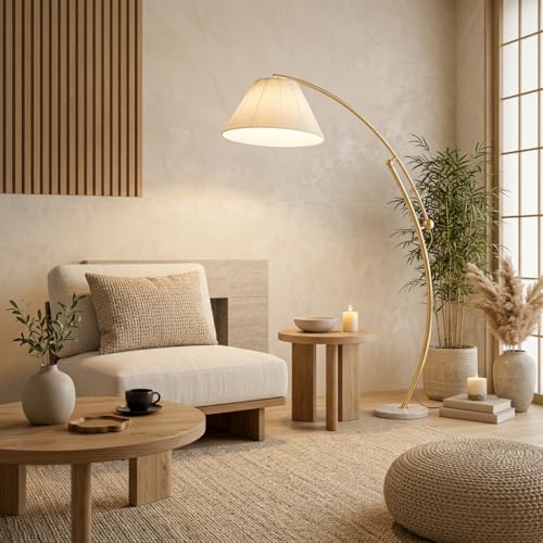 Image of Arc Floor Lamp 3-Color CCT (Warm + Natural + Cold White) | Gold Metal Body | Marble Base | Fabric Shade | Living Room Bedroom Standing Lamp