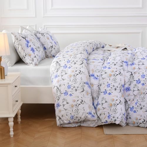 Image of MUXHOMO Blossom Blue Full Comforter Set, Elegant Floral Print Bed in a Bag 7 Pieces, Ultra Soft & Breathable Reversible Botanical Pattern Bedding Set with Comforter, Sheets, Pillowcases, and Shams