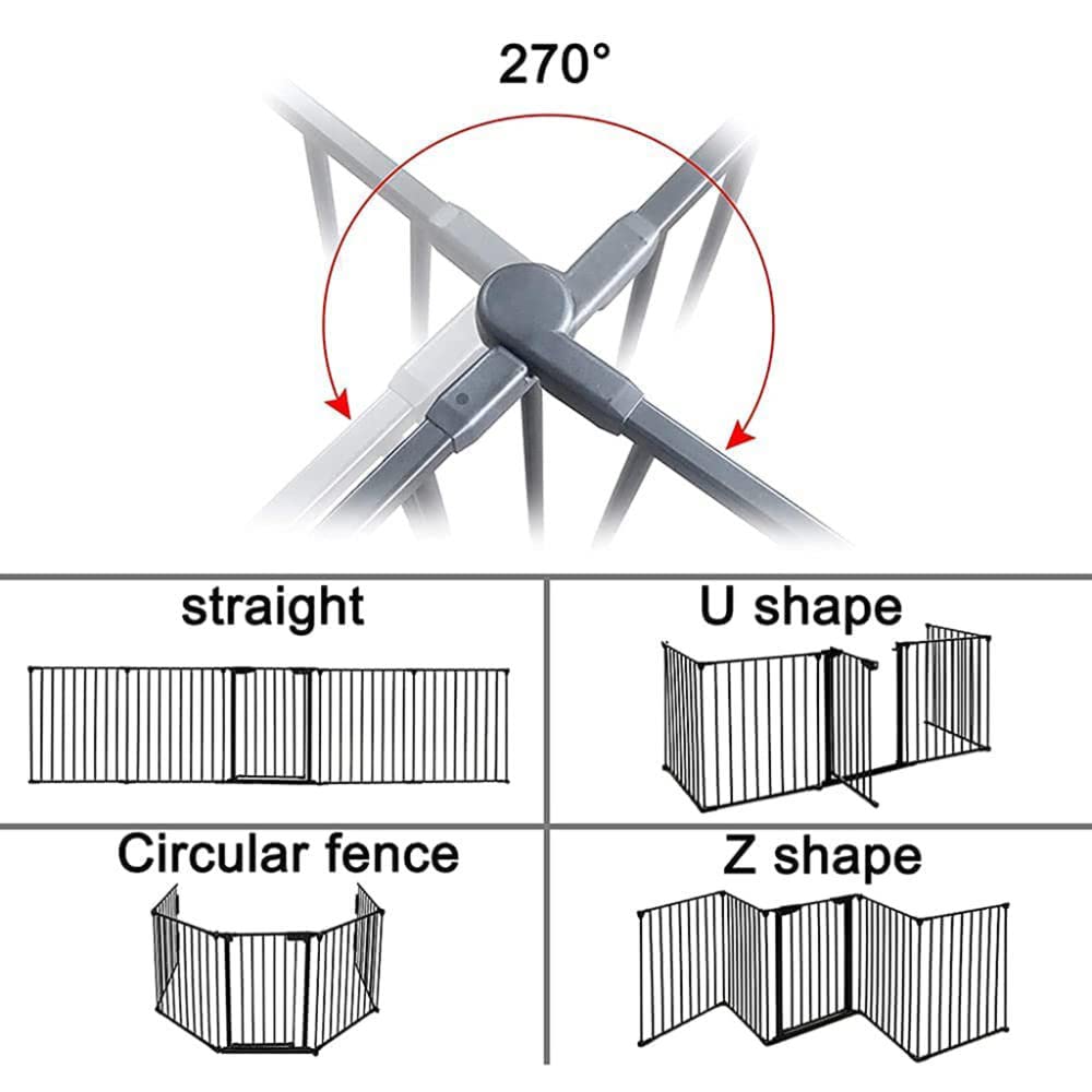 Schwarz Kaminschutzgitter inkl. Sicherheitstür aus Metall, Kaminschutzgitter Metall, 6 Elemente inkl. Sicherheitstür, Konfigurationsgitter Faltbar, 370cm Absperrgitter Laufstall Ofenschutzgitter