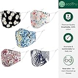 ecotru 5 Pack 100% Cotton, Reusable Face Masks UK | Washable, Nose Wire for Glass Wearers, 3-Ply Fabric Mask, Filter Pocket & Adjustable Straps | Pretty Facemask Coverings - Image 3