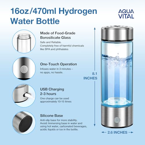 Aqua Vital Hydrogen Water Bottle 2025 Generator 16 oz/470 ml SPE-PEM Ionized H₂ Hydration Bottle USB-C Rechargeable Glass Flask with Auto Shut-Off Portable Sports & Travel Hydrogenated Water Machine - Image 5