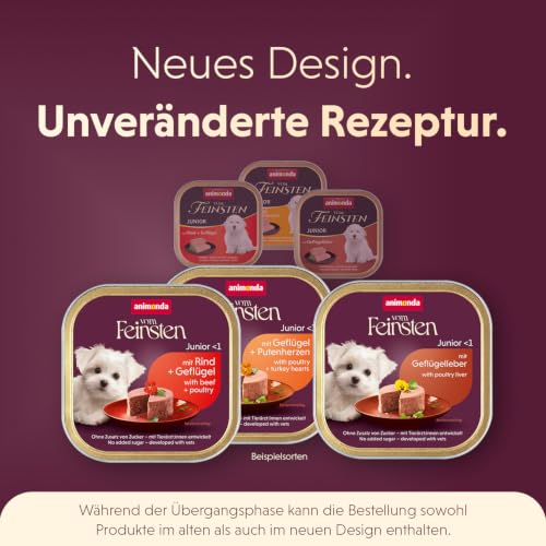 animonda vom Feinsten Hundefutter nass Geflügel + Putenherzen (22 x 150g), Welpen getreidefreies Hundefutter ohne Zucker, mit frischen, fleischigen Zutaten