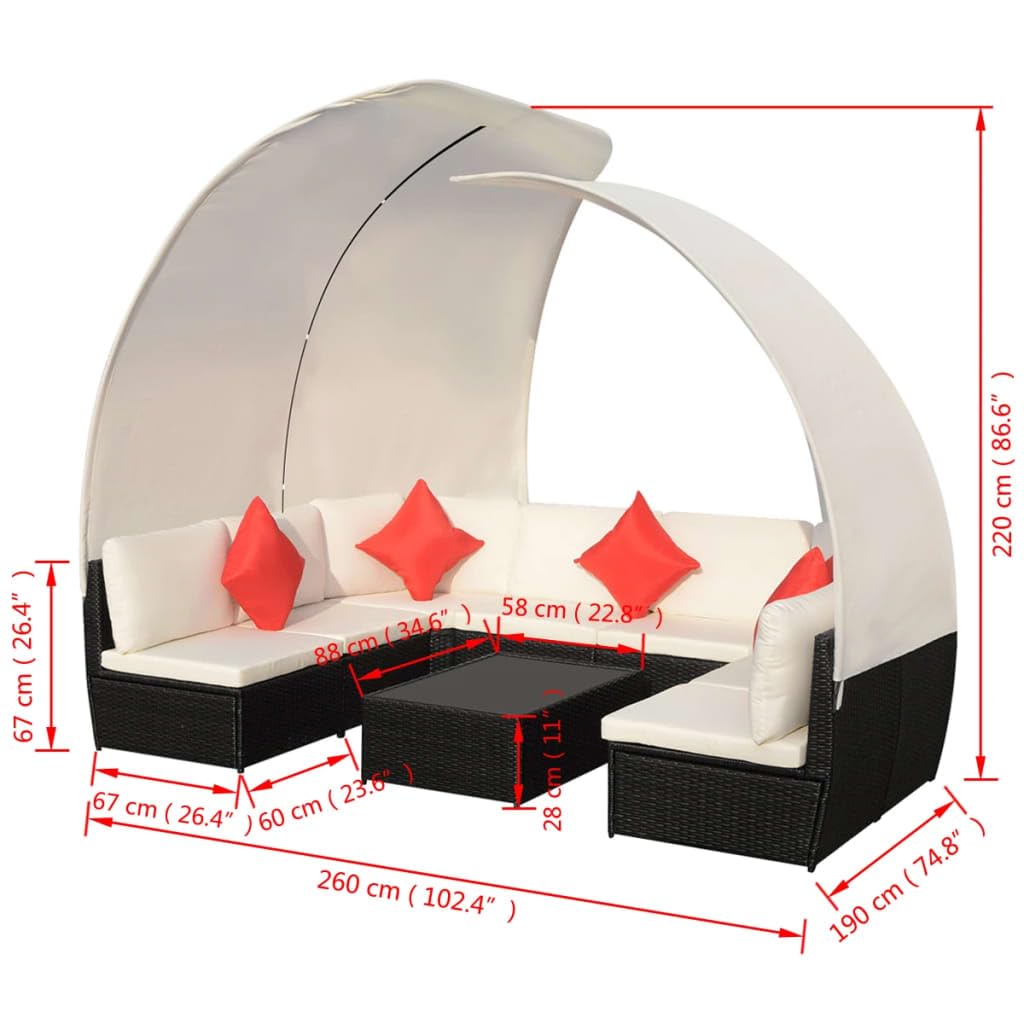 Juego de salón de jardín de 9 piezas, ratán sintético negro con 2 toldos, conjunto modular para exteriores, para terraza, balcón y jardín, incluye cojín y mesa de café
