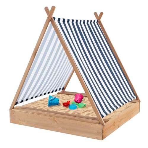RELAX4LIFE Sabbiera in Legno con Tettoia, Stazione di Gioco per Bambini con Design a Tenda, Struttura in Legno di Abete, 2 Panchine e Fondo Aperto