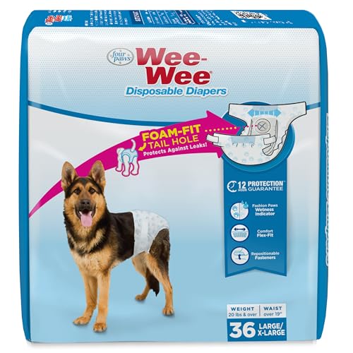 Image of Four Paws Wee-Wee Disposable Dog Diapers, Large, 36 Count | Protects against leaks, dog incontinence, marking, great for puppy training & travel, over 19 inch waist