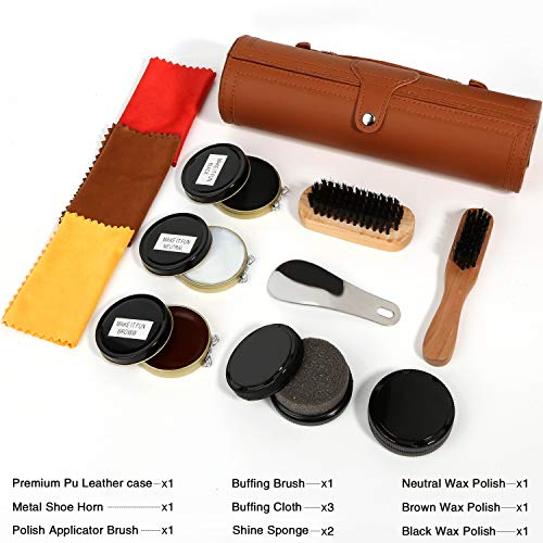 Schuhputz-Set mit einem glatten und eleganten PU Etui, Schuhputz-Reise Set mit Bürste, bestehend aus 12 Teilen