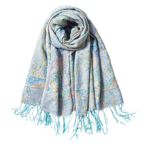 TUSHUSTY Pashmina Feel Shawls Wraps Rave Scarf for Women Soft Silky Reversible Men Scarves Hijab Light Blue Yellow