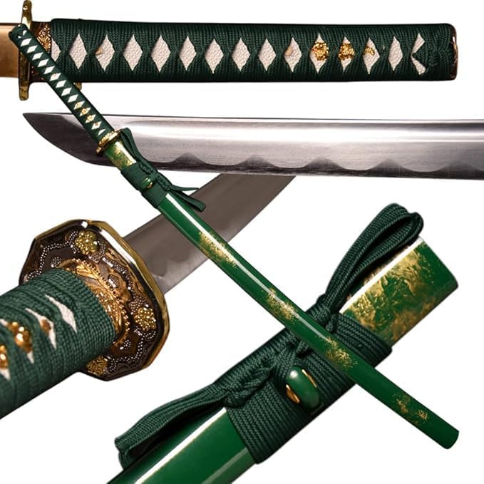 Espada katana japonesa hecha a mano con vaina verde y detalles dorados, hoja de acero al carbono de espiga completa, espada samurái tradicional para