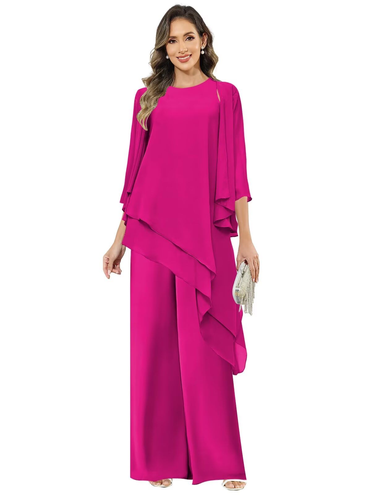 BOLENSYE 3 Pieces Mother of The Bride Pant Suits for Women Long Sleeve Chiffon Lace Formal Outfits