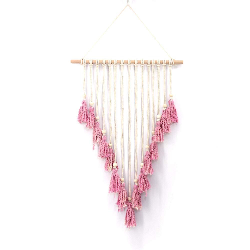 Tapiz bohemio rosa con borlas tejidas a mano para colgar en la pared