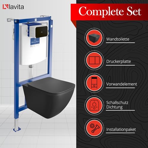 Lavita ViConnect H112 Vorwandelement Unterputz WC mit Bedienplatte + Wand Hänge Tiefspül WC Onil Schwarz Spülrandlos + WC Sitz Komplettset Unterputz Spülkasten Toilette Komplett Sett WC – Bild 4