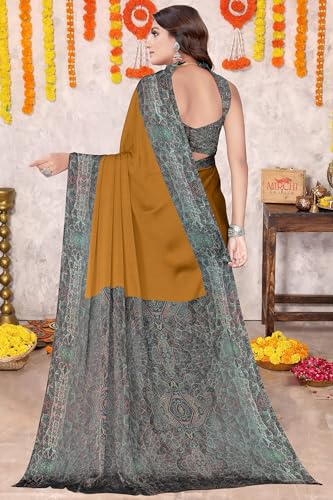 Image of MIRCHI FASHION Women Saree Abstract Print Chiffon | Breathable Lightweight Casual Sari for Regular Use and Office with Unstitched Blouse (Available in 25 Colors)
