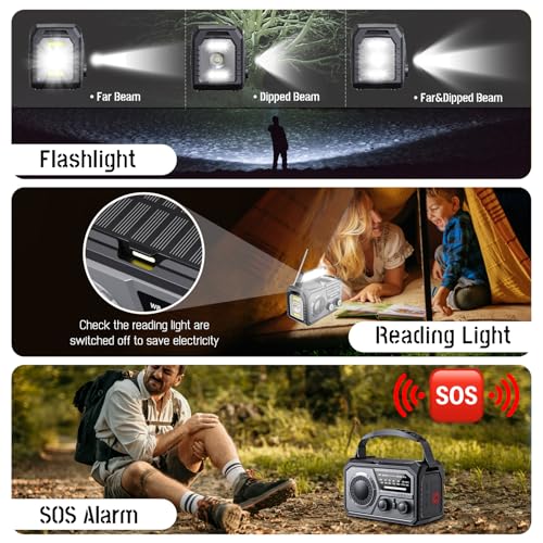 BIAOQINBO 16000mAh Solar Radio,AM/FM Kurbelradio Tragbar USB Notfallradio mit 59200mWh Wiederaufladbare Batterie, Led Taschenlampe, SOS Alarm und Handkurbel Dynamo für Camping, Reisen (Grau)