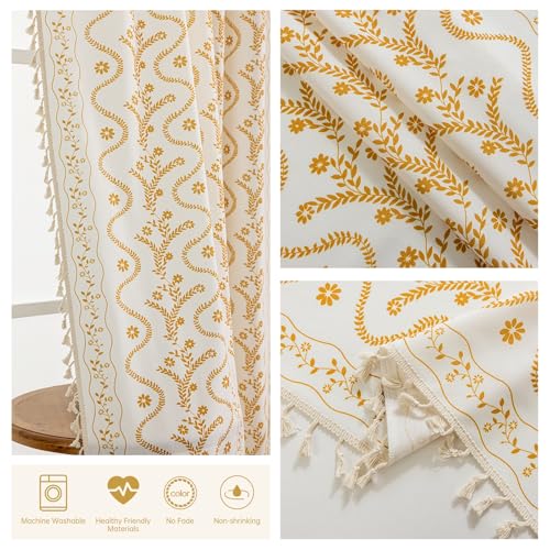Image of Yellow Boho Curtains 63 Inch Long for Living Room, Bedroom, 2 Panels Floral Farmhouse Vintage Tassel Semi Sheer Light Filtering Privacy Window Curtains Drapes with Rod Pocket