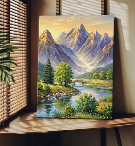 Image of ArtX Mountain Canvas Painting for Wall Decoration, Mountain Painting Vastu, River Valley Nature Wall Art, Gallery Wrapped for Living Room, Bedroom, Office Decor, 45 x 58 cm