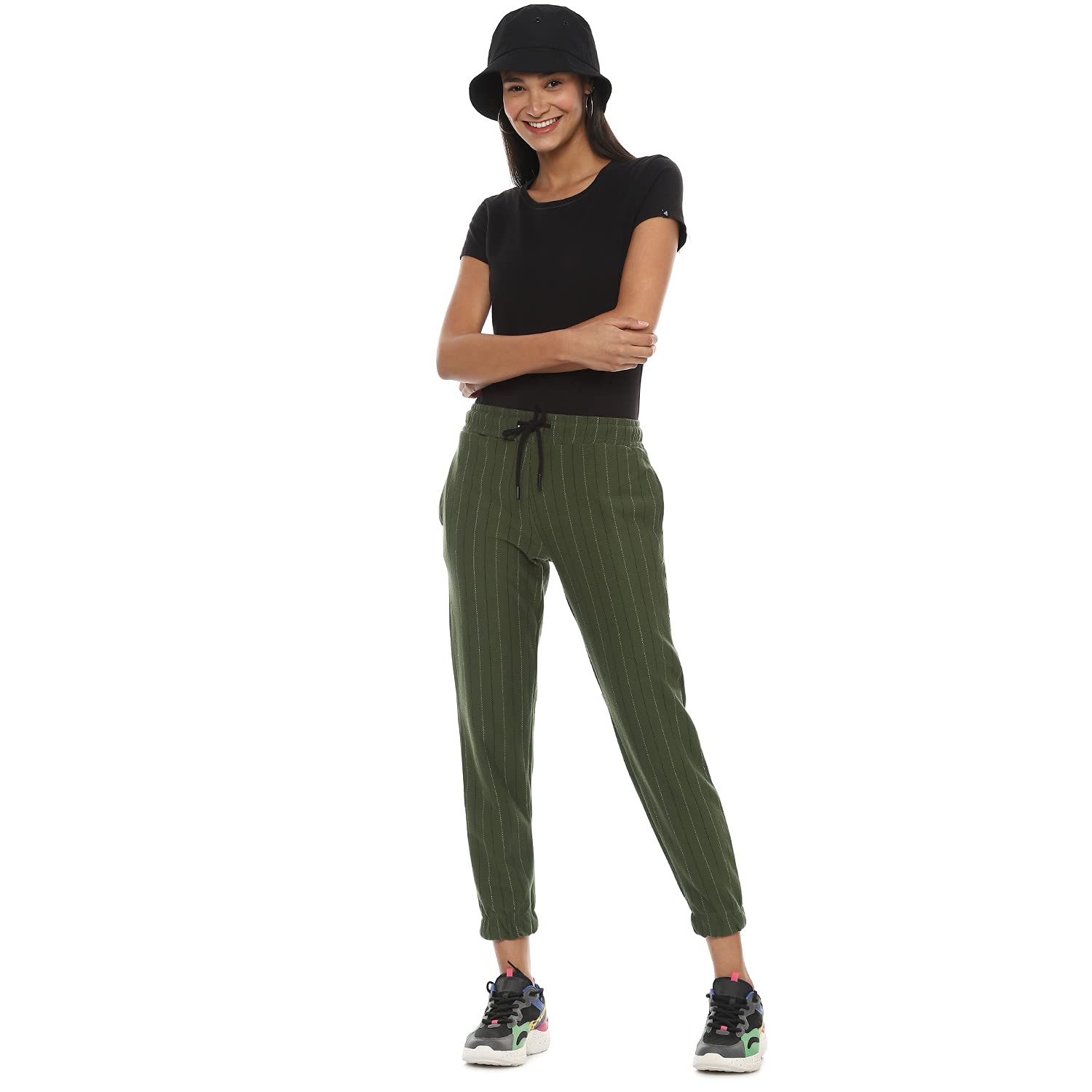 Campus Sutra Women Stylish Striped Active Joggers in neutral