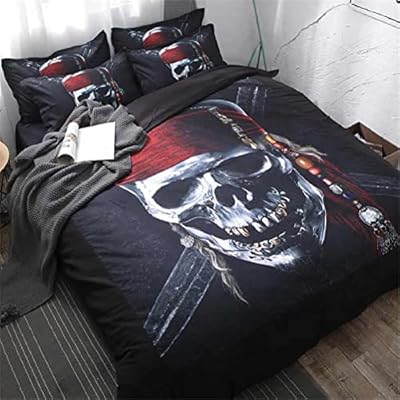 3D Bedding Duvet Cover Full,3 Piece Skull Pirate Duvet Cover Set Soft Microfiber Zipper Comforter Cover with 1 Pillow Shams for Kid Boy Girls Teen All Seasons(55"" x79(about140X200cm)) 51N3kY0t NL. SS400