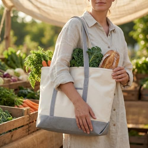 Image of Gray Canvas Zippered Tote Bag - 22 Inches, Heavy-duty, Reusable, Washable, Foldable, and Multi-purpose 100% Cotton Canvas Tote Bag - Perfect for Beach, Library or Shopping (Gray)