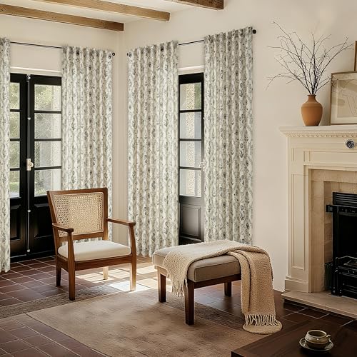 Image of Charcoal Floral Linen Curtains 63 Inch Length 2 Panels Set for Living Room | Blackish Green, Flower Plant, Semi Sheer, Back Tab, Rod Pocket, Farmhouse Boho, French Country, Window Drapes for Kitchen