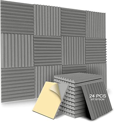Skade24 Pack Acoustic Foam Panels,2" X 12" X 12" Self-Adhesive Sound Proof Foam Panels,Acoustic Panels Absorb Noise Quickly,High Density Wall Panels for Gaming Room,Home Studio (Gray)