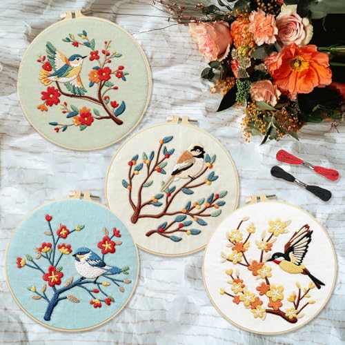 Image of INFUNLY 4 Pack Hummingbird Embroidery Kits for Beginners Flower Cross Stitch Kit Animal DIY Needlepoint Kits Floral Stamped Embroidery Kit with Instructions Embroidery Hoops Threads