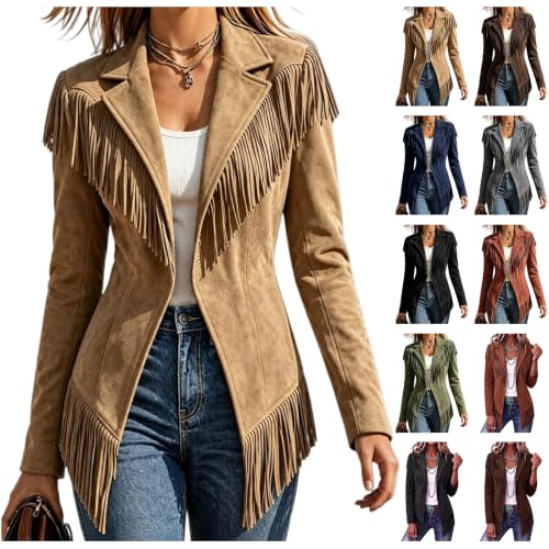 Toumov Faux Suede Jacket Women Open Front Western Fringe Jacket - image 1