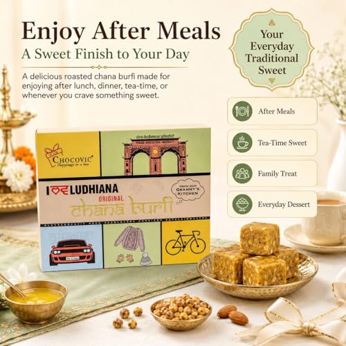 Image of Chocovic Roasted Chana Burfi 500g Eco Box | Premium Indian Sweet Made with Finest Chickpea Flour & Assorted Nuts | No Added Colours, Preservatives or Flavours | Vegetarian Traditional Mithai