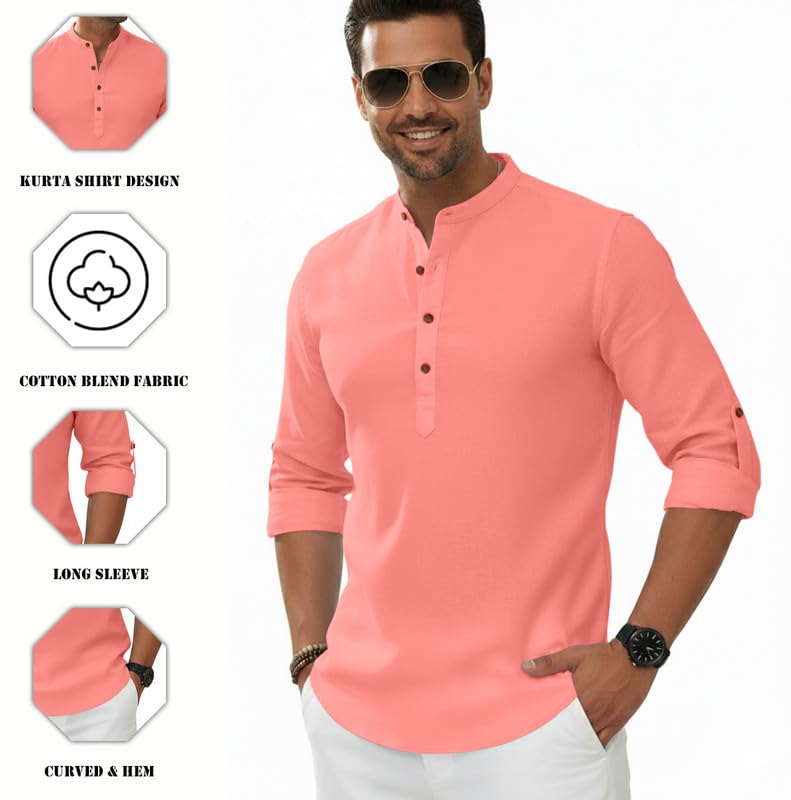 Image of Macsivo Men's Cotton Blend Solid Short Kurta with Regular Lenth Mandarin Neck Full Sleeves and roll-up tab| Kurta Style Shirt for Men