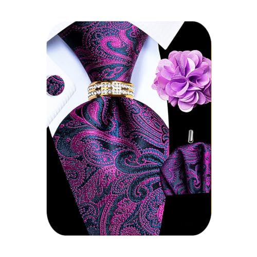 Image of 5PCS Mens Silk Designer Tie, Pocket Square, Cufflinks, Drilled Tie Ring and Lapel Pin Set for Wedding Groom Party