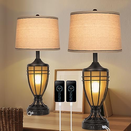 26" Farmhouse Rustic Table Lamps Set of 2, Vintage Desk Lamp with LED Night Light & Dual USB Charging Ports, Linen Fabric Shade, Retro Bedside Nightstand Lamp for Bedroom Living Room End Table(Bronze)