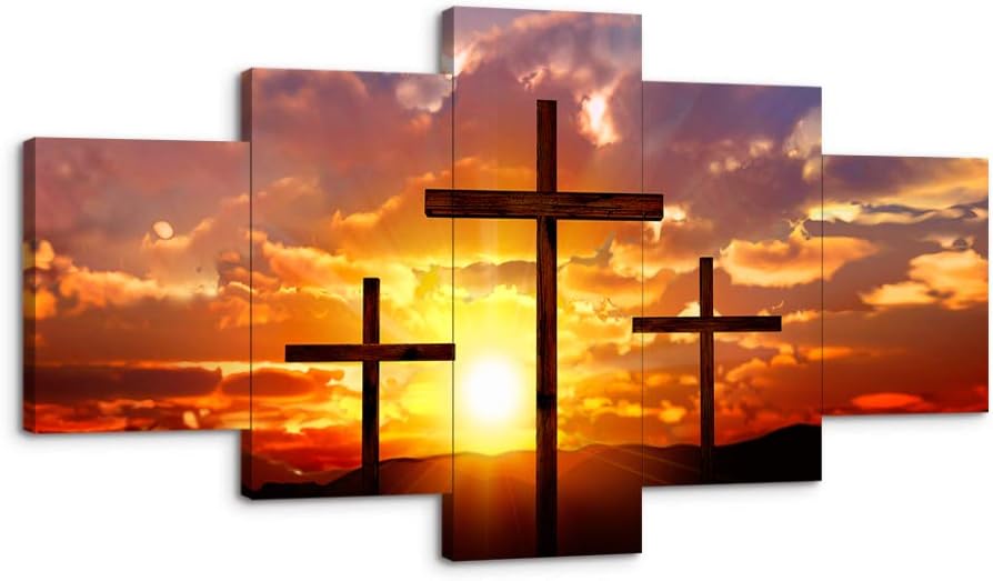 VIIVEI Christian Sunset Crosses Cross Wall Art Christ Poster Canvas Prints Art Home Decor for Living Room Modern Pictures 5 Panel Large HD Printed Painting Artwork Framed Ready to Hang (70" Wx40 H)