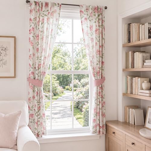 Image of jinchan Pink Floral Linen Curtains 63 Inch Cottagecore Back Tab 2 Panels | Light filtering drapes, semi sheer, farmhouse, watercolor, romantic, living room, bedroom, rod pocket, window treatment