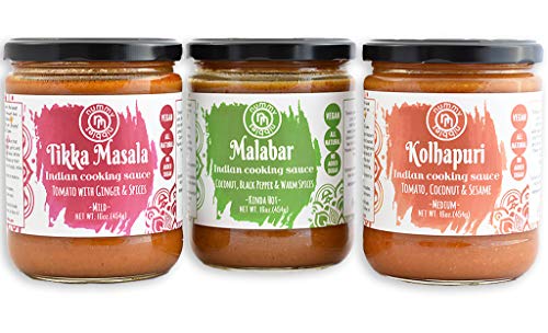 Nummy Nibbles Indian Cooking,Simmer Sauces Variety 3 Pack(Tikka Masala,Kolhapuri,Malabar)|All Natural,No GMOs,No Added Sugars,Dairy Free,Regional Flavors|Vegan,Whole30,Keto Friendly(3 jars 16 oz ea.)