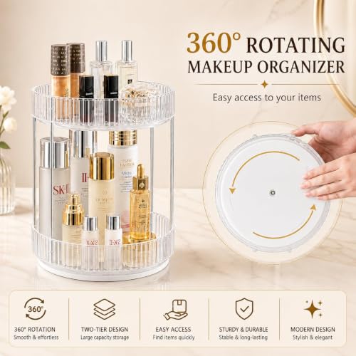 Image of MECHDEL Makeup Organiser Box with Drawers, Perfume, Cosmetic and Skincare Storage Stand, Dressing Table Organiser for Lipstick, Nail Polish (360 Rotating-Transparent White, 1 Tier)