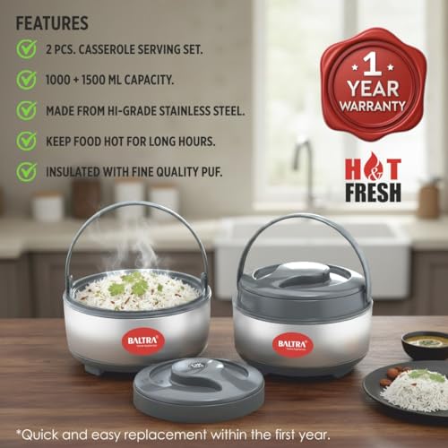 Image of BALTRA Inner Stainless Steel Thermoware Casserole Set with Lid for Roti /Chapati | (1000ml, 1500ml) Insulated Hot Pot for Hot Meal /Chapati /Curry Set /Biryani | Serving Bowl with Lid (Cherish Set of 2)