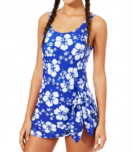 Cuddomper Girl Swimsuit One Piece Swim Dress Dark Blue Floral Adjustable Straps Bathing Suit with Pad Vacation Beach Modest Swimwear Size 13-14