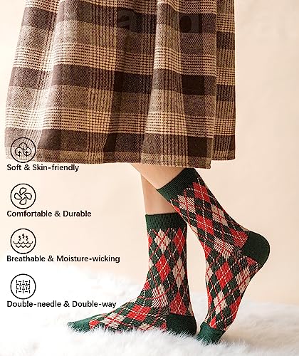 Image of IIG 5 Pairs Womens Pretty Vintage Wool Socks Unique Print Design Soft Cozy Warm Crew Socks Christmas Gift