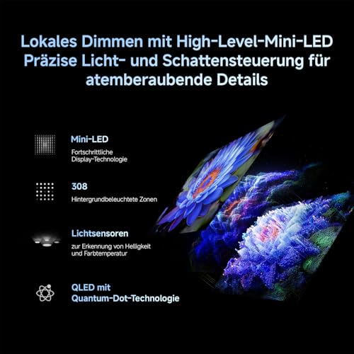 XIAOMI TV S Mini LED 55"(140 cm), QLED Mini LED Fernseher, 4K UHD, Smart TV mit Google TV, HDR10+, Triple Tuner, DVB T2, 60Hz mit 120Hz Game Boost Mode, MEMC, Dolby Audio, Airplay 2, Google Assistant