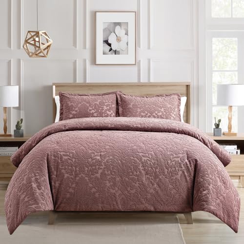 Sunshine Nicole Velvet Jacquard Comforter Set, Velvet Jacquard Face and Brushed Solid Microfiber Reverse, with Light Weight Soft Poly Fill, 3 Pieces Dusty Mauve, Queen