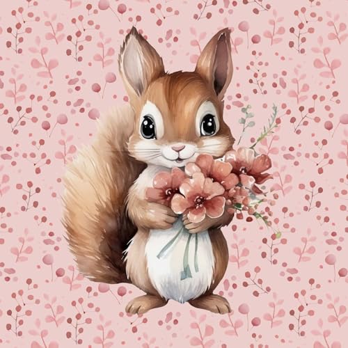 Panel de tela de rizo francés de 40 x 50 cm, con ardillas y flores, tela infantil para niñas, tela para coser para niños y bebés, diseño de animales, para niñas, color rosa