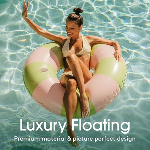 Image of FUNBOY Giant Pink & Green Stripe Inflatable Pool Float with Cup Holder, 48 inch Adult Inner Tube Swim Ring Pool Lounger