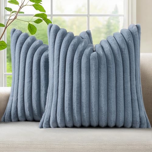 decorUhome Cozy Faux Fur Throw Pillow Covers 18x18 Set of 2 Decorative Soft Plush Striped Modern Farmhouse Boho Couch Pillow Cases with Velvet Back for Sofa Bed Living Room, Grey Blue