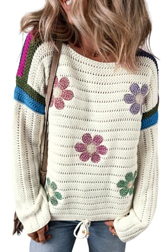 Ecosunny Sweaters for Women 2024 Long Sleeve Round Neck Daisy Flower Pointelle Trendy Knit Sweater Pullover Tops