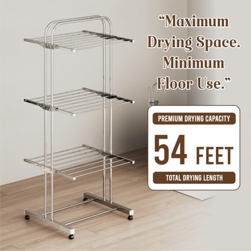 Image of LAPO Stainless Steel Cloth Drying Stand with Wheels | 3 Tier Foldable Laundry Rack | Side Wings & Hanger Rails | Rust Resistant Portable Clothes Dryer | Home, Balcony, Indoor & Outdoor Use