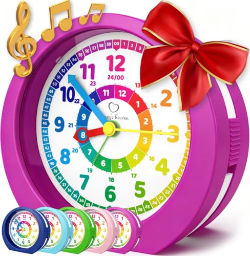 Honey's Heaven Kinderwecker ohne Ticken - für Jungen und Mädchen - Lernwecker Lernuhr Weckuhr Kinderuhr Quarzwecker Snooze Analog Quartz Wecker (Violett)