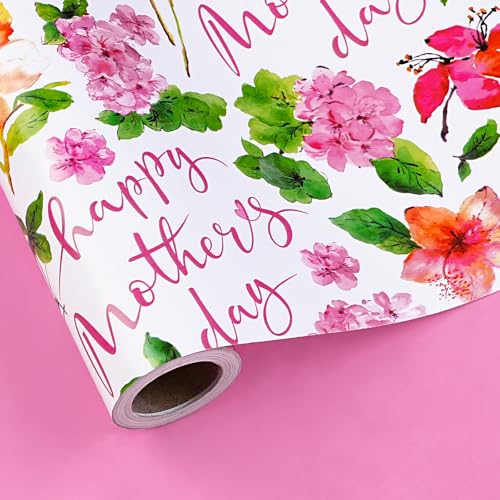 LeZakaa Mothers Day Wrapping Paper Roll Floral Happy Mothers Day Reversible Gift Wrap Pink Colorful Spring Flower Design for Mom Grandma Wife Mini Roll 17 In x 16.4 Ft