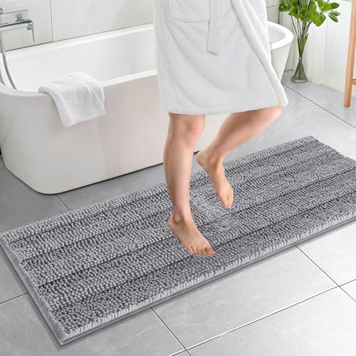 Image of OLANLY Thick Bathroom Runner Rugs 59x20, Absorbent Chenille Striped Bath Rugs, Rubber Backing, Machine Wash Dry, Extra Long Bath Mats for Bathroom Floor, Tub and Shower, Home Decor Accessories, Grey