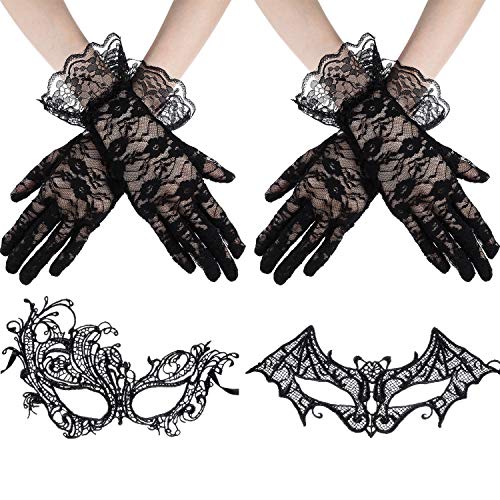 Tatuo 2 Paar Schwarze Spitze Handschuhe mit 2 Stück Schwarze Maskerade Spitze Augenmasken für Party