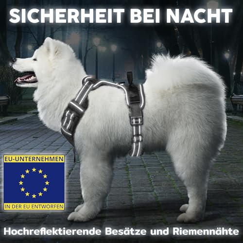Hundegeschirr für große Hunde – Extra Large, schwarz – weich gepolstert, verstellbares No Pull Design, Haustiergeschirr zum Laufen und Wandern – von EcoEarth